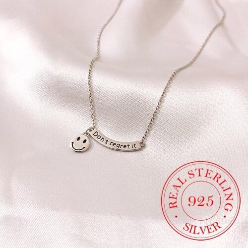 Real 925 Sterling Silver Round Smile Face Pendant Necklace for Women Simple Fashion Female Clavicle Chain Jewelry Gift