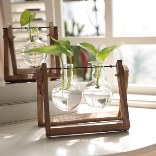 Wooden Glass Vase Planter Terrarium Tabletop Hydroponics Plant Bonsai Flower Pot with Wooden Tray Desktop Home Decor