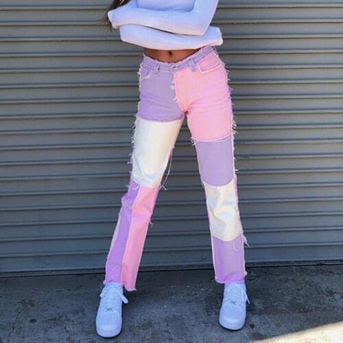 Denim Brown Patchwork Jeans Y2K Ripped Streetwear Mom Jean Vintage Slim Harajuku Skinny Jeans Pants High Waist Punk