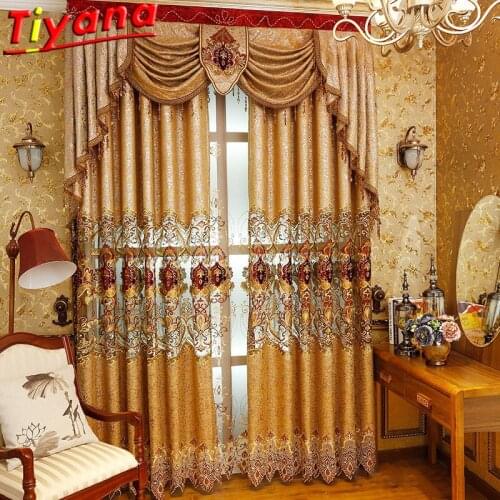European Luxury Chenille Embroidery Curtains for Living Room Golden Brown Blackout Window Drapes for Bedroom Hollow Tulle #VT