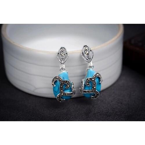 BLUE SANDSTONE MARCASITE FLOWER PIERCING 925 STERLING EARRINGS Brincos Ohrringe Sterling Jewelry Earring