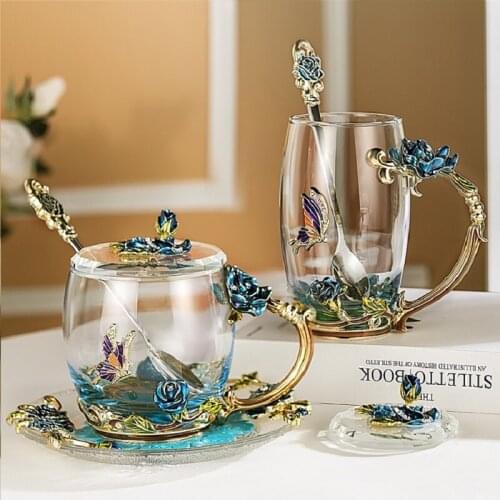 Blue Enamel Crystal Tea Cup Coffee Cup Butterfly Rose Flower Painted Transparent Glass Water Cups with Spoon Set perfect gift