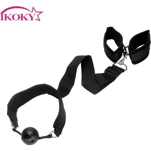 IKOKY Oral Fixation Flirting Sex Toys for Couples SM Bondage With Hand Cuffs Mouth Stuffed Adult Games Mouth Gag Ball
