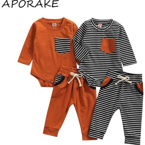 2021 0-18M Infant Girl Boy Clothes Set Soft Cotton 2pcs Striped Print Patch Long Sleeve Romper+Pants Toddler Casual Fall 2pcs
