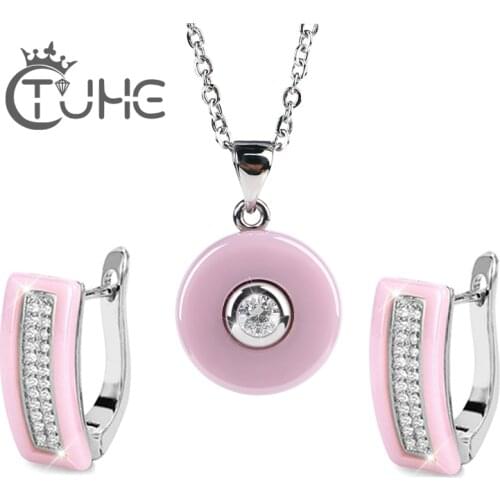 2018 Hot Sale Pink Colors Crystal Pendant Necklace Earrings Set Comefor fit Ceramic Elegant Jewelry Set Women Valentine Gifts