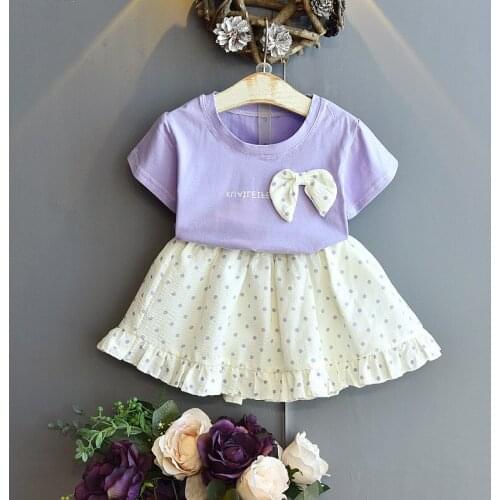 Children Kids Clothing Sets Summer Short Sleeve O Neck Bow T-Shirt Tops + Polka Dot Pleated Skirts Girls Casual 2Pcs Suits