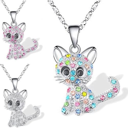 Luckydays Girls Cute Cat Pendant Necklace for Women Children Fashion Colorful Crystal Cartoon Animal Necklaces Jewelry Gifts