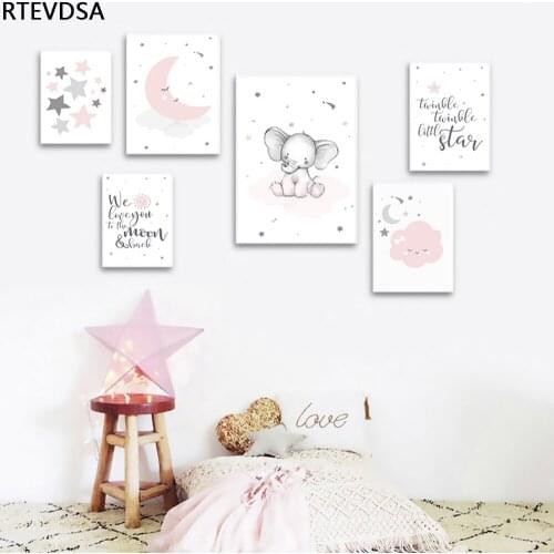 Cartoon Animal Elephant Moon Quotes Cute Canvas Poster Kindergarten Painting Wall Art Print Childrens Room Baby Room Decoration