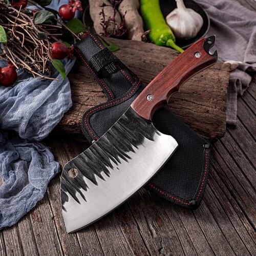 Pocket Full Tang Knives Portable Slaughtering Boning Skinning Knives Set Hammered Stone Blackened Craft Cut Cleaver & Covers
