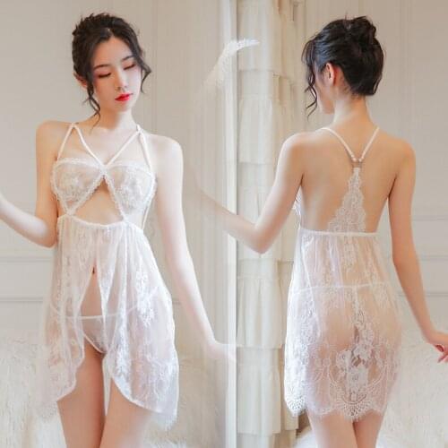 New Front Split Mesh Lace Nightgowns Hollow Strap Halter Nightdress Sexy Lingerie Deep-V See Through Nightwear Women Sleep Dress