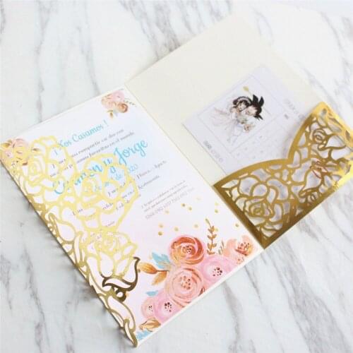 Luxury Rose Laser Cut Invitation Card Metallic Gold Silver Hollow Floral Party Invite Making Customized Printing 50 Sets