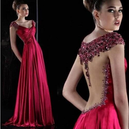 Luxury Crystal Dark Red Satin Long 2018 sexy illusion Robe De Soiree Beading Cap Sleeve V-neck Long Prom gown bridesmaid dresses