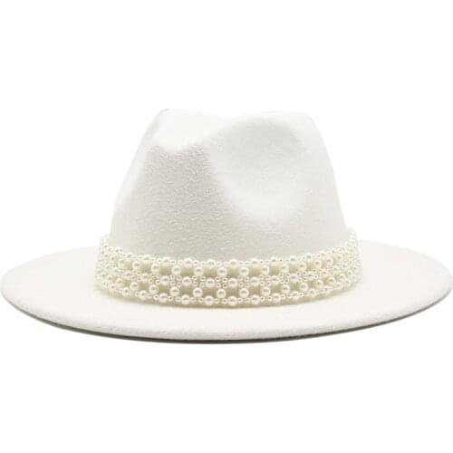 Women Men white Wool Fedora Hat With Pearl Ribbon Gentleman Elegant Lady Winter Autumn Wide Brim Church Panama Sombrero Jazz Cap