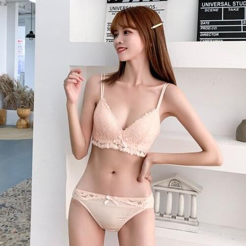 Sexy back lingerie lady delicate lace unrimmed top support adjustment French triangle cup big breast small set