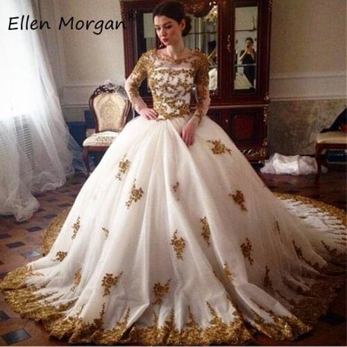 Ivory with Gold Lace Long Sleeves Wedding Dresses Vestidos De Novia 2020 Princess Zipper Tulle Arabic Ball Gowns for Bridal