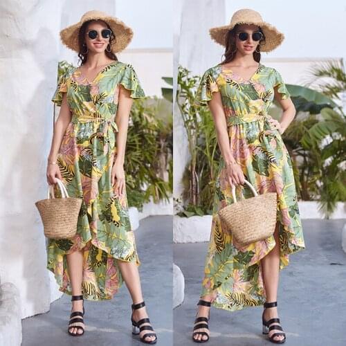 Witbuy Fashion Bohemian Print V Neck Beach Sundress Women Floral Summer Wrap Dress Asymmetrical Short Butterfly Sleeve Dresses
