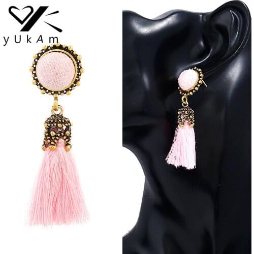 YUKAM Bohemian Ethnic Pink Cotton Tassels Earrings Gold Fringed Drops Earrings for Women Vintage Tassle Earrings Fashion Jewelry