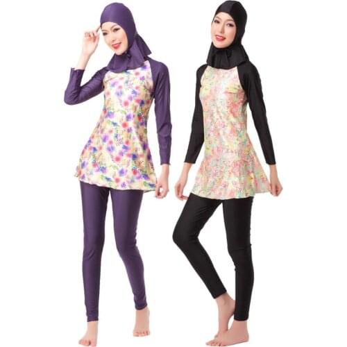 Woman Floral Islamic Swimsuits Muslim Swimwear Female Sunscreen Beachwear Long Sleeve Bathing Suit Hooded Tops And Pants XX-396