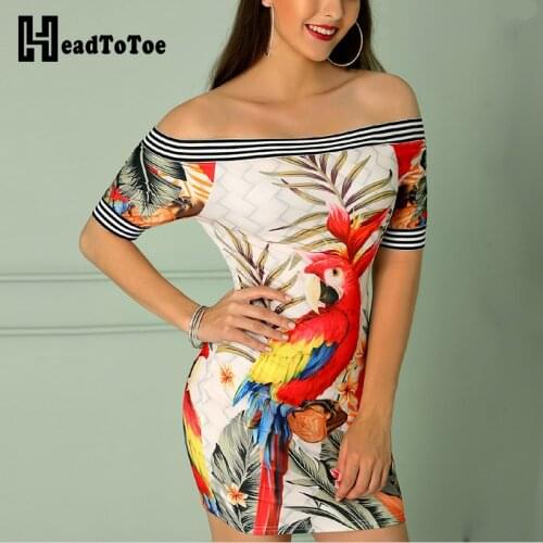 Women Bird Printed Elegant Mini Bodycon Dress Female Sexy Off Shoulder Short Sleeve Dress Office Lady Slash Neck Dresses