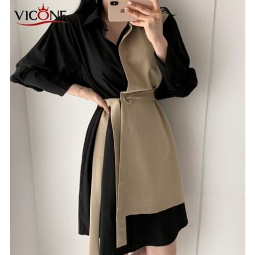 VICONE Elegant Hit Color Lace-up Women Shirt Dress Long Sleeve Lapel Buttons Patchwork Female Short Dress OL Style 2020 Summer