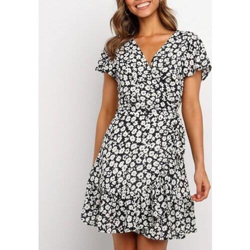 GOOHOJIO Fashion V Neck Floral Print A Line Dress Ruffles Flare Short Sleeve Beach Dress Women Wrap Mini Dresses Robe Ete Femme