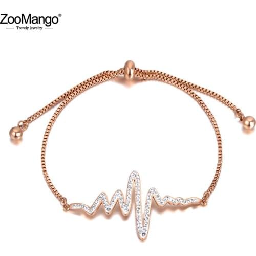 ZooMango Fashion Stainless Steel Heartbeat Charm Bracelets For Women Bohemia CZ Crystal Party Chain Adjustable Bracelet ZB20168
