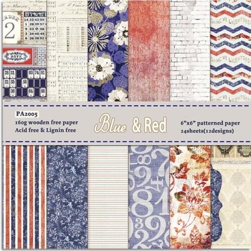 24pcs/Set Blue & Red Patterned Paper Pad Background Cardstock Scrapbooking Pack Handmade Craft Paper Card DIY Decoration