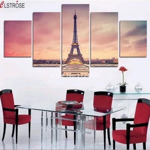 5Pcs Modern Paris Tower Canvas Print Picture City Architecture Bridge Landscape Wall Frameless Art Poster Home Decoration Mural