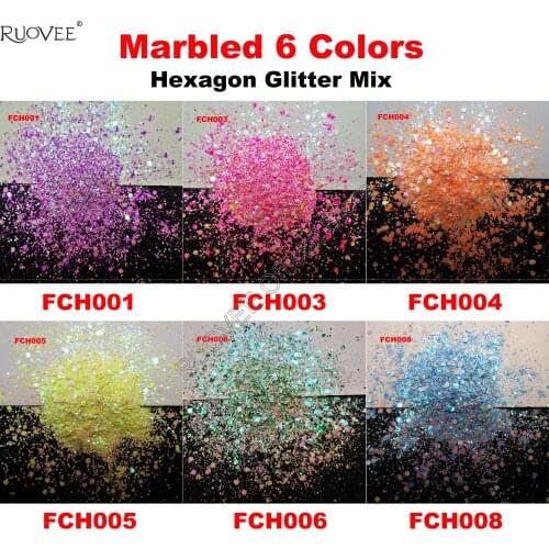6COLORS Marbled Chunky Glitter Mixed Hexagon Shape Nail Art for Craft Decorations Makeup Facepainting DIY Party Accessories