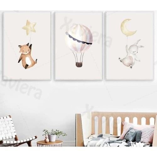Kids Wall Art Cartoon Animals Hold Balloon Baby Rabbit Lamb Fox Comic Poster Canvas Painting Nursery Home Decoration Boy Girl Ro