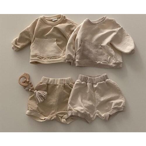 8908 Children Clothing Set Boys Sport Suit Autumn 2021 Korean Cross Border Waffle Splicing Girls 2 Piece Set Sweatershirt+Pant