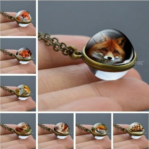 Fox Glass Ball Necklace Cute Animal Jewelry Fox Photo Bronze Chain Long Necklace Christmas Gifts for Kids