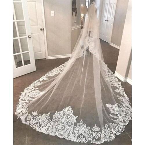 Elegant 2019 New Wedding Veils 3 Meters Long Cathedral Length Lace Appliqued Real Image Tulle Bridal Veil With Comb