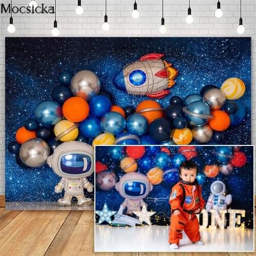 Mocsicka Space Adventure Cake Smash Photography Backdrops Twinkle Lights Boy 1st Birthday Photographic Studio Photo Backgrounds