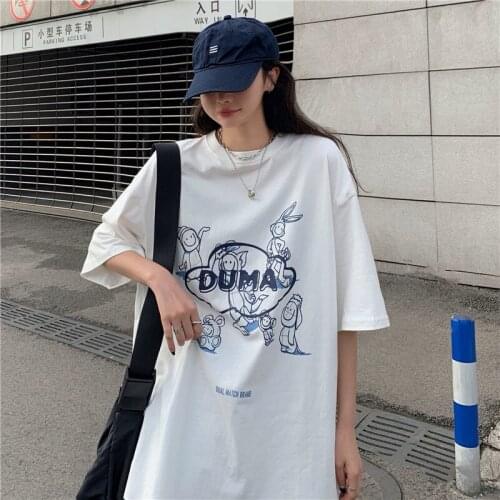 Casual Loose Print Retro Tshirt Womens T-shirts Tops Japanese Kawaii Ladies Ulzzang Female Korean Harajuku Clothes For Women