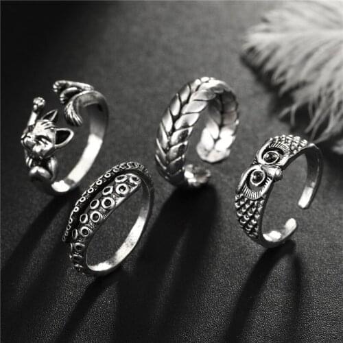 1PC Punk Rock Owl Octopus Feet Ring For Men Women Vintage Cute Hiphop Small Fox Animals Feather Adjustable Open Ring Jewelry