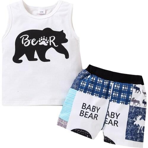 Toddler Baby Boy Clothes Set Letter Bear Print Sleeveless Vest Top + Elastic Waist Short Pants 2Pcs Outfit Children Clothing Set