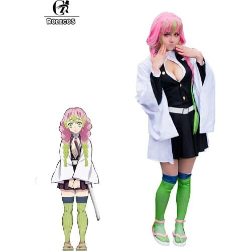 ROLECOS Anime Kanroji Mitsuri Cosplay Costume Demon Slayer Kimetsu no Yaiba Cosplay Sexy Costume Women Black Dress White Kimono