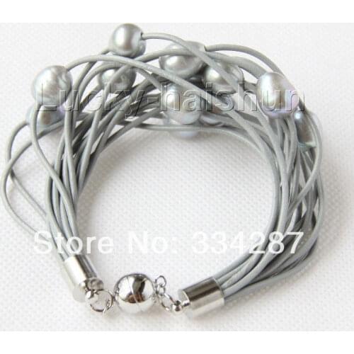 8" 13mm 15row black gray pearls gray leather bracelet