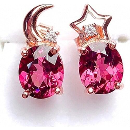 Fashion Little Star Moon Red Crystal Ruby Gemstones Diamonds Stud Earrings for Women Girl Rose Gold Color Jewelry Accessories