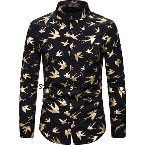 Mens Long Sleeve Bronzing Print Mandarin Collar Dress Shirts 2021 Brand Slim Fit Nightclub Shirt Men Camisa Social Masculina XXL