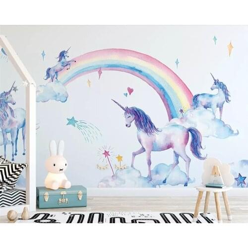 Beibehang mural Fresh watercolor hand-painted Tianma rainbow unicorn children background wall home decoration mural 3d wallpaper