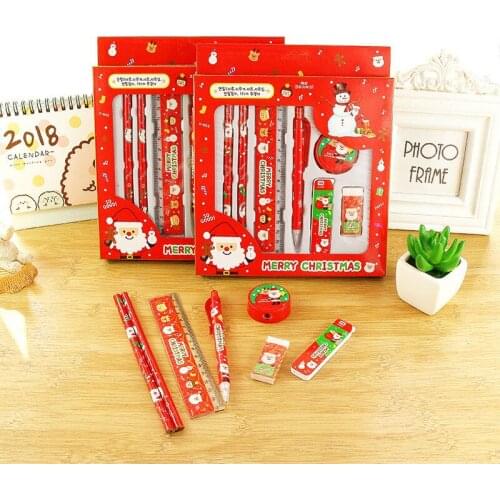 New Arrival Kawaii Christmas Festival Pencils With Eraser Sharpener Ruler Stationery Set Kids New Years Gift Promotion Prize