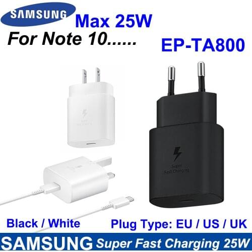 Original Samsung Note 10 Super Fast Charger 25W EU/US/UK Plug Fast Charge Adapter Type C to Type C Cable For Galaxy S10 Note 10