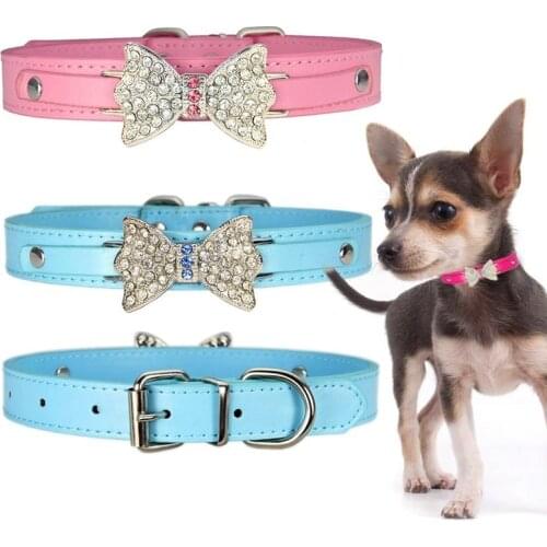 XXS-L Pet Small Dog Collar Leather Bling Cat Collar Lead Rhinestone Bow Puppy Collar Chihuahua Teddy Pet Collar For Dogs/Cats