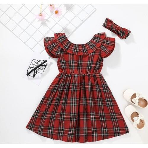 Kid girls puff sleeve o-neck plaid dress with head band 2021 summer toddler child clothes red green 1-6Y casual style A-line