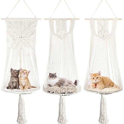 Hand-Woven Hanging Basket Cotton Pet Nest Cat Dog Hammock Thread Toy Swing Bohemian Wall Hanging Macrame cat bed accessories