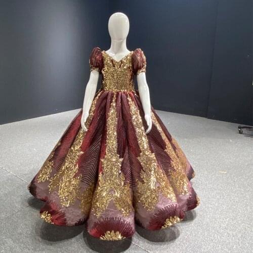 RSM66754 12 Years Old Flower Girl Dress Adult Dress Sequin Applique V-neck Puff Sleeve Evening Dress