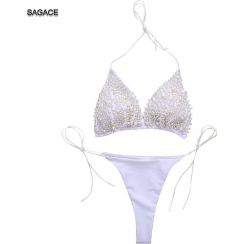 SAGACE 2-Piece Bikini Set Women Summer Split Swimsuit Sexy Bead decor Bandage Swimwear Lady Holiday Brazilian Beach biquini A423
