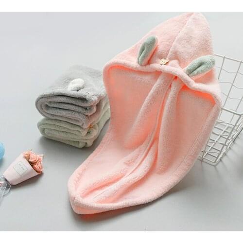 Cartoon Rabbit Ears Dry Hair Cap Polyester Cotton Coral Fleece Simple Strong Water Absorption Quick Dry Use for Bathroom Hotel